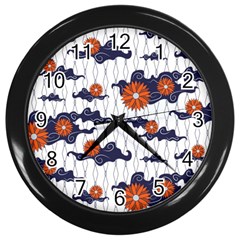 Blue And White Pottery Pattern Wall Clock (black) by danenraven