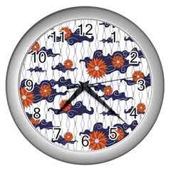 Blue And White Pottery Pattern Wall Clock (silver) by danenraven