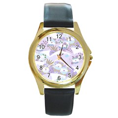 Purple Japanese Pattern Texture Violet Textile Round Gold Metal Watch