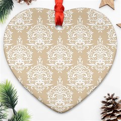 Clean Brown And White Ornament Damask Vintage Heart Ornament (two Sides)