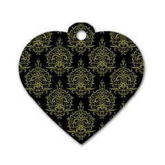 Black And Green Ornament Damask Vintage Dog Tag Heart (One Side)