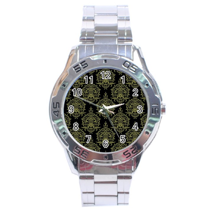 Black And Green Ornament Damask Vintage Stainless Steel Analogue Watch