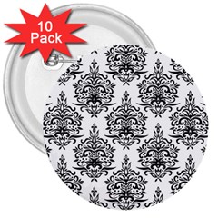 Black And White Ornament Damask Vintage 3  Buttons (10 Pack)  by ConteMonfrey