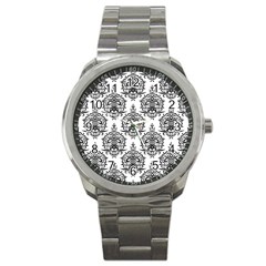 Black And White Ornament Damask Vintage Sport Metal Watch by ConteMonfrey