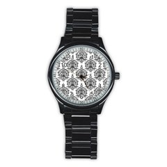 Black And White Ornament Damask Vintage Stainless Steel Round Watch by ConteMonfrey