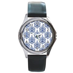 Blue And White Ornament Damask Vintage Round Metal Watch by ConteMonfrey