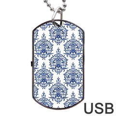 Blue And White Ornament Damask Vintage Dog Tag Usb Flash (two Sides) by ConteMonfrey