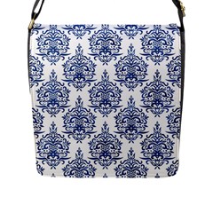 Blue And White Ornament Damask Vintage Flap Closure Messenger Bag (l) by ConteMonfrey