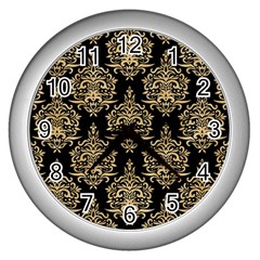 Black And Cream Ornament Damask Vintage Wall Clock (silver) by ConteMonfrey