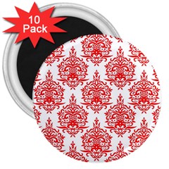 White And Red Ornament Damask Vintage 3  Magnets (10 Pack)  by ConteMonfrey