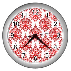 White And Red Ornament Damask Vintage Wall Clock (silver) by ConteMonfrey