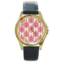 White And Red Ornament Damask Vintage Round Gold Metal Watch by ConteMonfrey