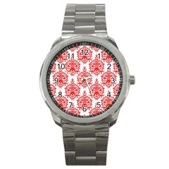 White And Red Ornament Damask Vintage Sport Metal Watch by ConteMonfrey