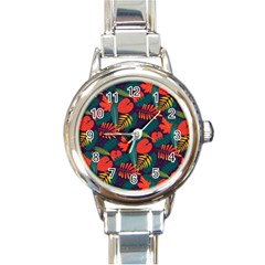 Leaves Pattern Wallpaper Seamless Round Italian Charm Watch by Wegoenart