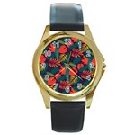 Leaves Pattern Wallpaper Seamless Round Gold Metal Watch Front