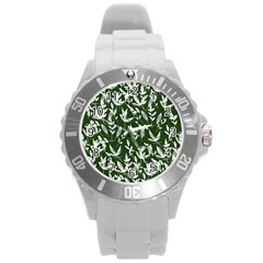 Leaves Pattern Wallpaper Watercolor Round Plastic Sport Watch (l) by Wegoenart