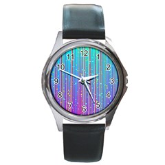 Blue Magenta Speckles Line Round Metal Watch by Wegoenart