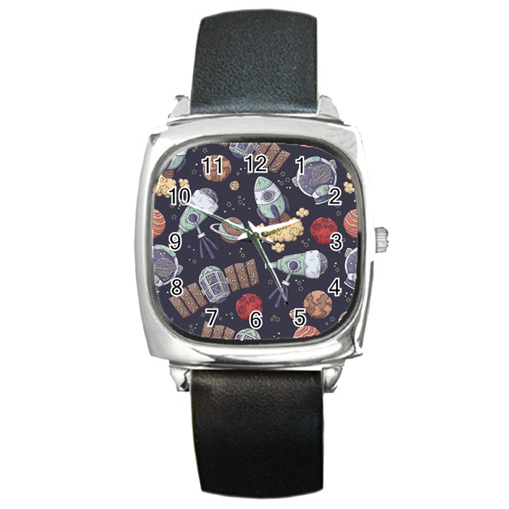 Hand-drawn-pattern-space-elements-collection Square Metal Watch