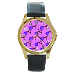 Illustration Flower Floral Design Pattern Round Gold Metal Watch by Ravend