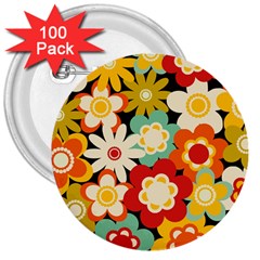 Floral Retro Vintage Blossom 3  Buttons (100 Pack)  by Ravend