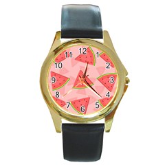 Background Watermelon Pattern Fruit Round Gold Metal Watch by Wegoenart