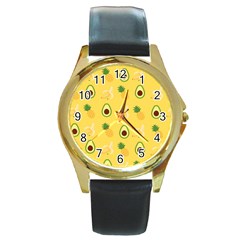 Pineapple Banana Fruit Pattern Round Gold Metal Watch by Wegoenart