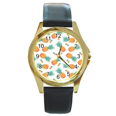 Pineapple Background Pattern Fruit Round Gold Metal Watch by Wegoenart