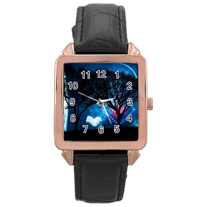 Tree Trees Surreal Universe Silhouette Rose Gold Leather Watch 