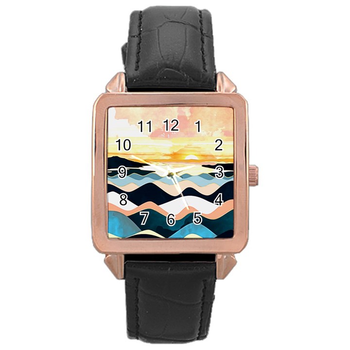 Sea Waves Wave Painting Ocean Water Rose Gold Leather Watch 