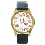 Autumn Leaf Leaves Nature Art Boho Background Round Gold Metal Watch Front