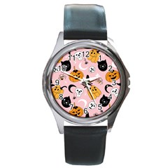 Pumpkin Cat Pattern Skull Round Metal Watch