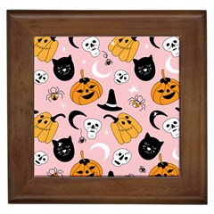 Pumpkin Cat Pattern Skull Framed Tile by Wegoenart