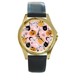 Pumpkin Cat Pattern Skull Round Gold Metal Watch