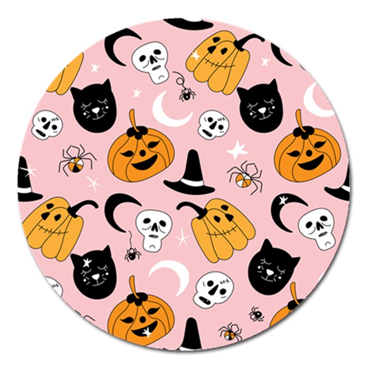 Pumpkin Cat Pattern Skull Magnet 5  (Round)