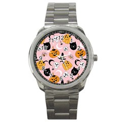 Pumpkin Cat Pattern Skull Sport Metal Watch