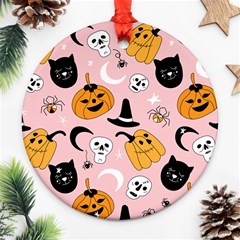 Pumpkin Cat Pattern Skull Round Ornament (two Sides) by Wegoenart