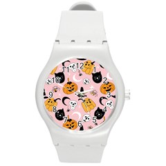 Pumpkin Cat Pattern Skull Round Plastic Sport Watch (M)