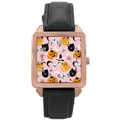 Pumpkin Cat Pattern Skull Rose Gold Leather Watch 