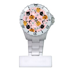 Pumpkin Cat Pattern Skull Plastic Nurses Watch by Wegoenart