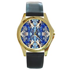 Cobalt On Gold Symmetry Round Gold Metal Watch by kaleidomarblingart