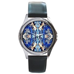 Cobalt On Gold Symmetry Round Metal Watch by kaleidomarblingart