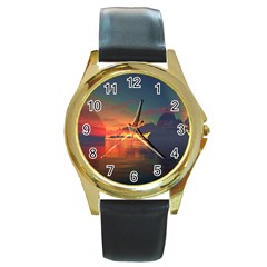 Digital Art Artwork Fantasy Landscape Sky Nature Round Gold Metal Watch