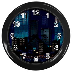 City Building Pixel Art Vaporwave Wall Clock (black) by danenraven