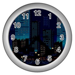 City Building Pixel Art Vaporwave Wall Clock (silver) by danenraven