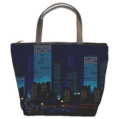 City Building Pixel Art Vaporwave Bucket Bag by danenraven