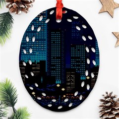 City Building Pixel Art Vaporwave Ornament (oval Filigree)