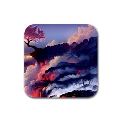 Cherry Blossom Tree On Cliff Digital Wallpaper Cherry Blossom On Cliff Mountain Nature Rubber Square Coaster (4 Pack) by danenraven