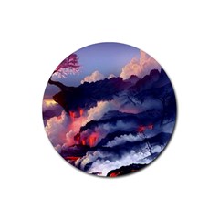 Cherry Blossom Tree On Cliff Digital Wallpaper Cherry Blossom On Cliff Mountain Nature Rubber Coaster (round) by danenraven