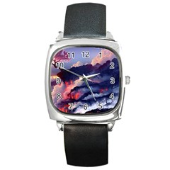 Cherry Blossom Tree On Cliff Digital Wallpaper Cherry Blossom On Cliff Mountain Nature Square Metal Watch by danenraven