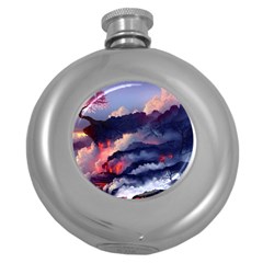 Cherry Blossom Tree On Cliff Digital Wallpaper Cherry Blossom On Cliff Mountain Nature Round Hip Flask (5 Oz) by danenraven